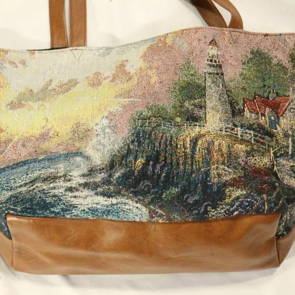 Unique Tan Vegan Leather and Canvas Tote Bag - Picture 2 of 10